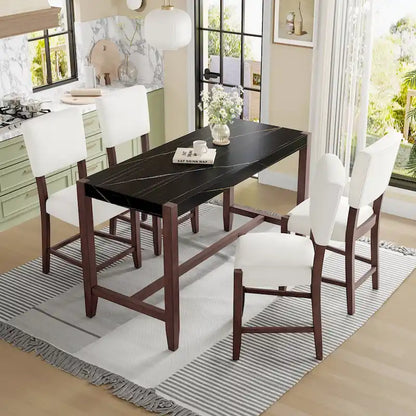 5-Piece Counter Height Dining Table Set, Faux Marble Bar Table and 4 Upholstered-Seat Chairs