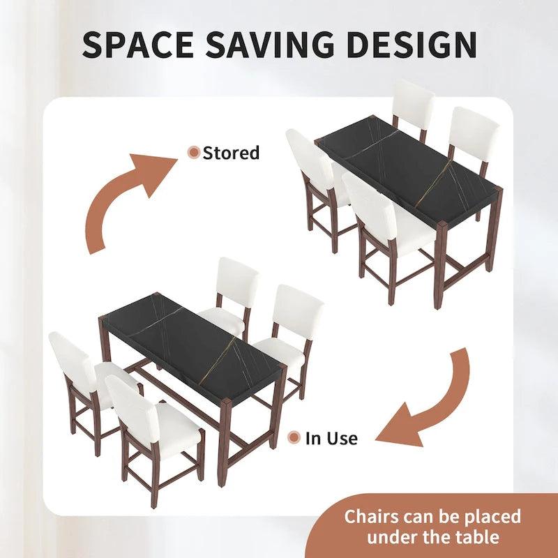 5-Piece Counter Height Dining Table Set, Faux Marble Bar Table and 4 Upholstered-Seat Chairs