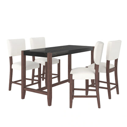 5-Piece Counter Height Dining Table Set, Faux Marble Bar Table and 4 Upholstered-Seat Chairs