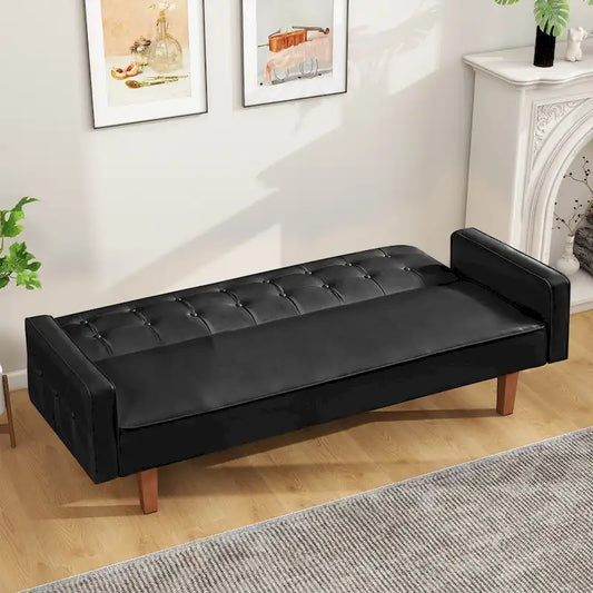 Mid-Century 74 in PU Leather Futon Sofa Bed, Button Tufted Sofa 3-Seat for Living Room Bedroom