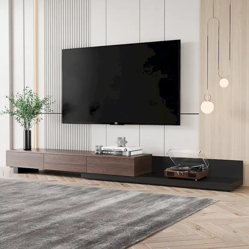 3-Drawers Retracted Extendable TV Stand Media Console In Stretch 70- 110