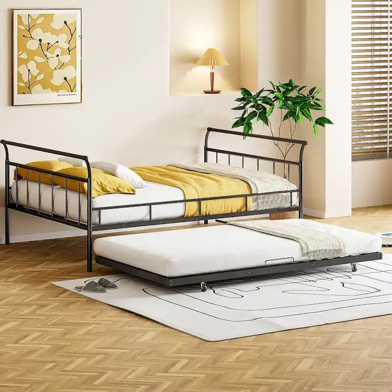 Metal Daybed with Curved Handle Design and Twin Size Trundle for Bedroom