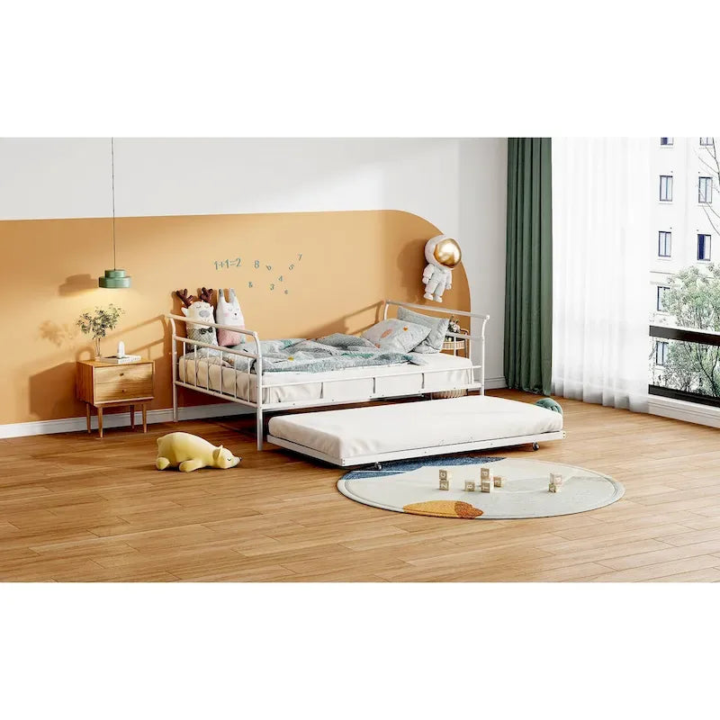 Metal Daybed with Curved Handle Design and Twin Size Trundle for Bedroom