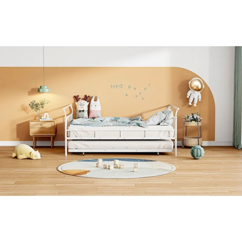 Metal Daybed with Curved Handle Design and Twin Size Trundle for Bedroom