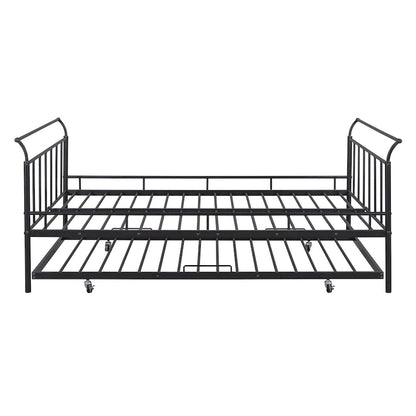 Metal Daybed with Curved Handle Design and Twin Size Trundle for Bedroom