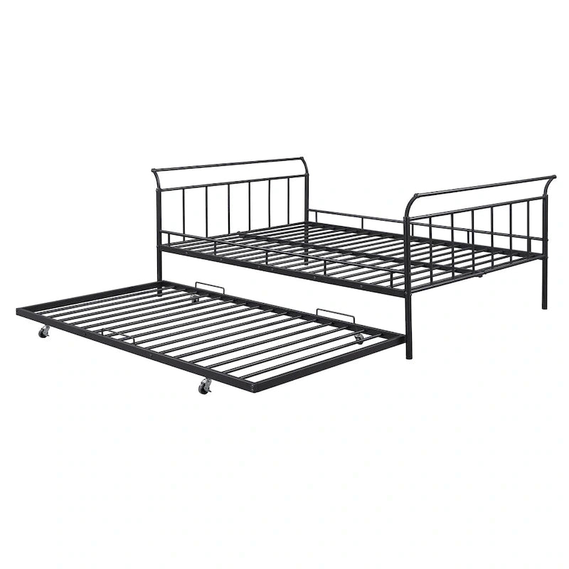 Metal Daybed with Curved Handle Design and Twin Size Trundle for Bedroom