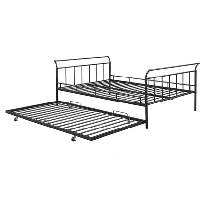 Metal Daybed with Curved Handle Design and Twin Size Trundle for Bedroom