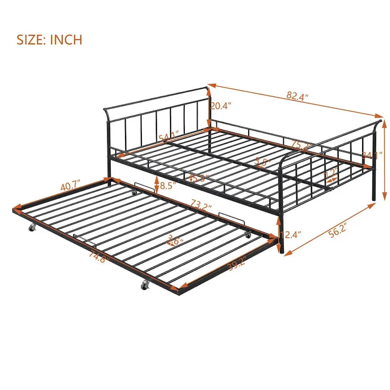 Metal Daybed with Curved Handle Design and Twin Size Trundle for Bedroom