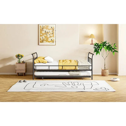 Metal Daybed with Curved Handle Design and Twin Size Trundle for Bedroom