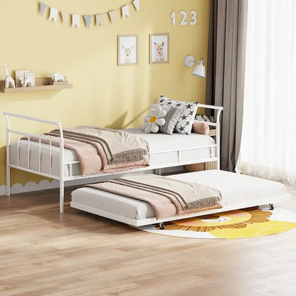 Metal Daybed with Curved Handle Design and Twin Size Trundle for Bedroom