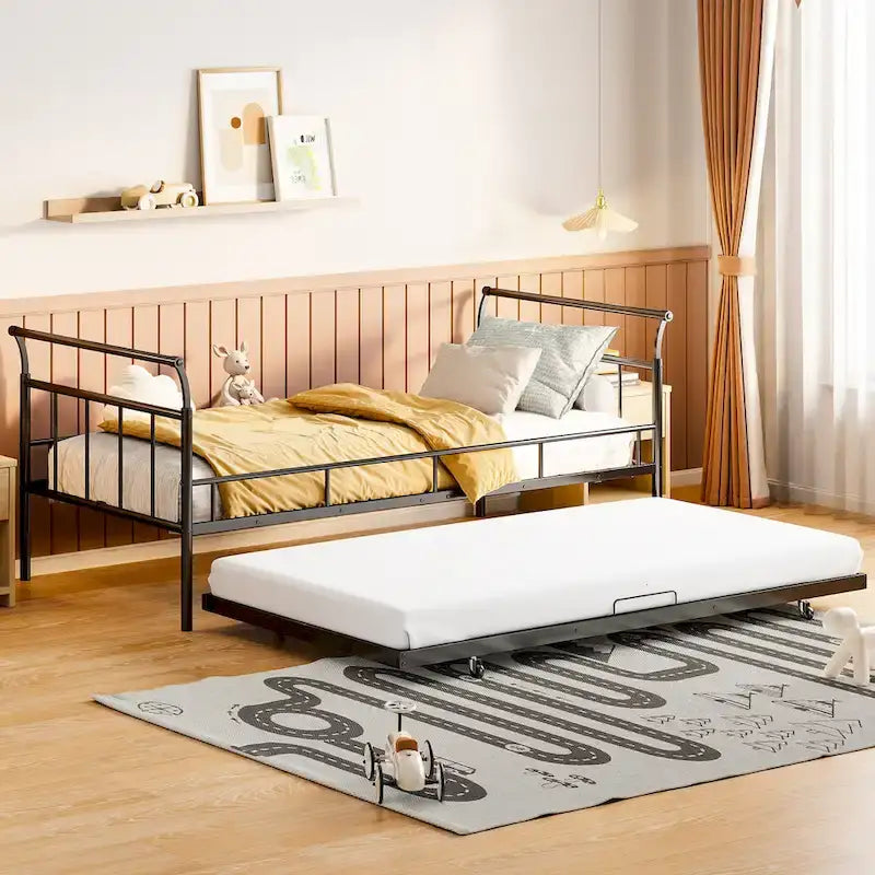 Metal Daybed with Curved Handle Design and Twin Size Trundle for Bedroom