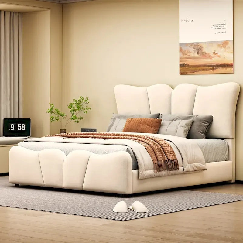 Beige Full Size Velvet Upholstered Platform Bed with Distinctive Headboard and Footboard