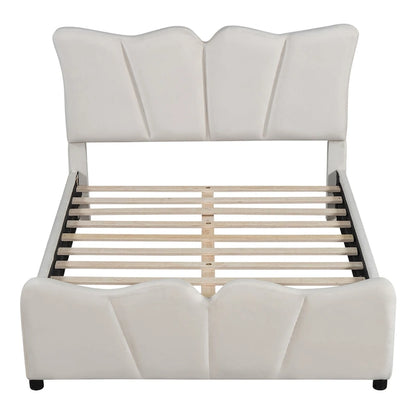 Beige Full Size Velvet Upholstered Platform Bed with Distinctive Headboard and Footboard