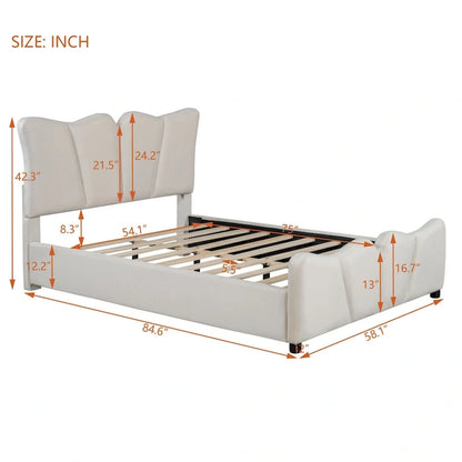 Beige Full Size Velvet Upholstered Platform Bed with Distinctive Headboard and Footboard