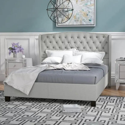 Light Grey King Size Modern Upholstered Platform Bed with Button-tufted Headboard for Bedroom