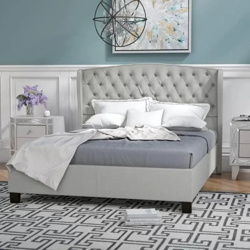 Light Grey King Size Modern Upholstered Platform Bed with Button-tufted Headboard for Bedroom