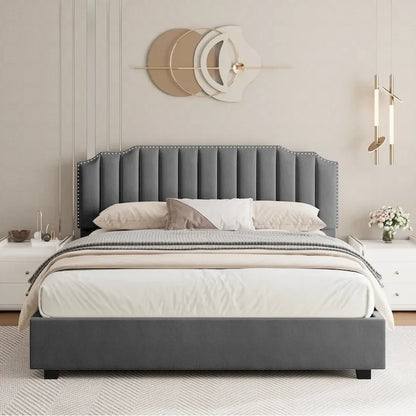 Gray Full Size Velvet Upholstered Platform Bed with Storage Space