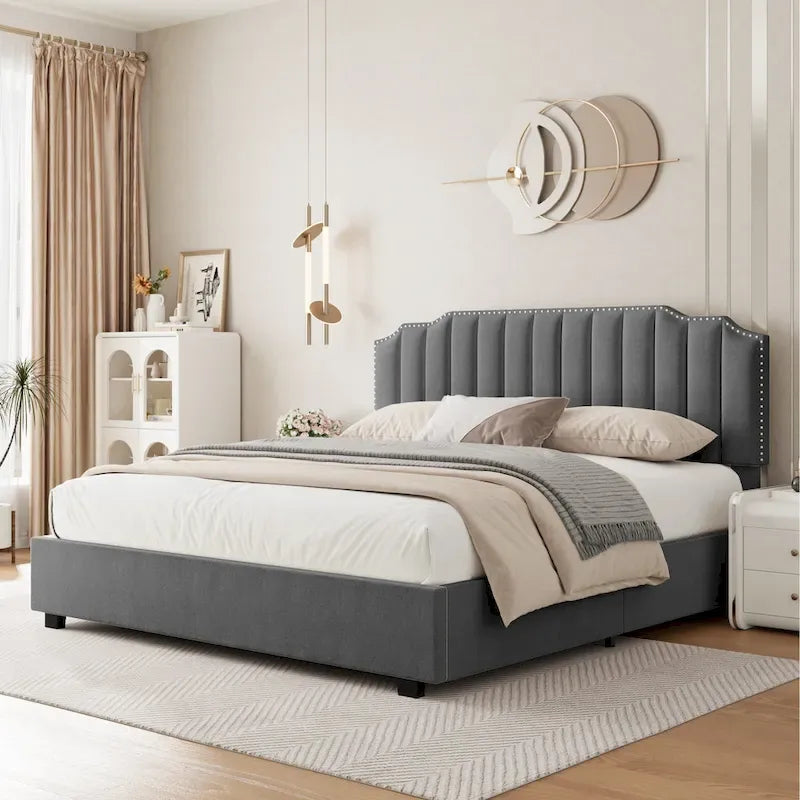 Gray Full Size Velvet Upholstered Platform Bed with Storage Space