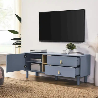 54.57 Multi-functional TV Stand with Leather Handles, Open Storage Compartment and Two Drawer