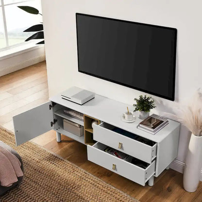 54.57 Multi-functional TV Stand with Leather Handles, Open Storage Compartment and Two Drawer