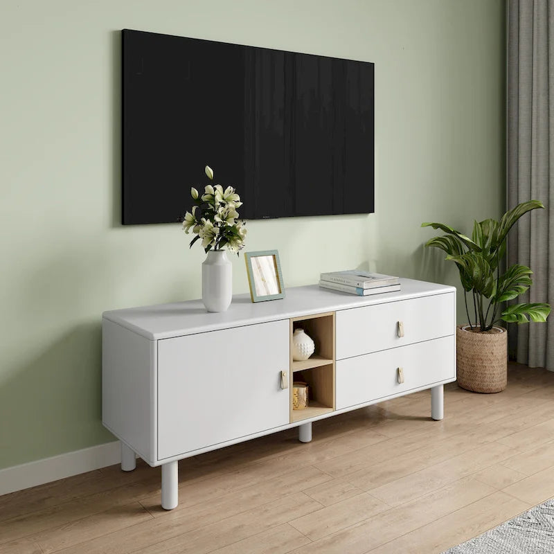 54.57 Multi-functional TV Stand with Leather Handles, Open Storage Compartment and Two Drawer