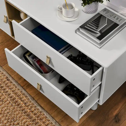 54.57 Multi-functional TV Stand with Leather Handles, Open Storage Compartment and Two Drawer