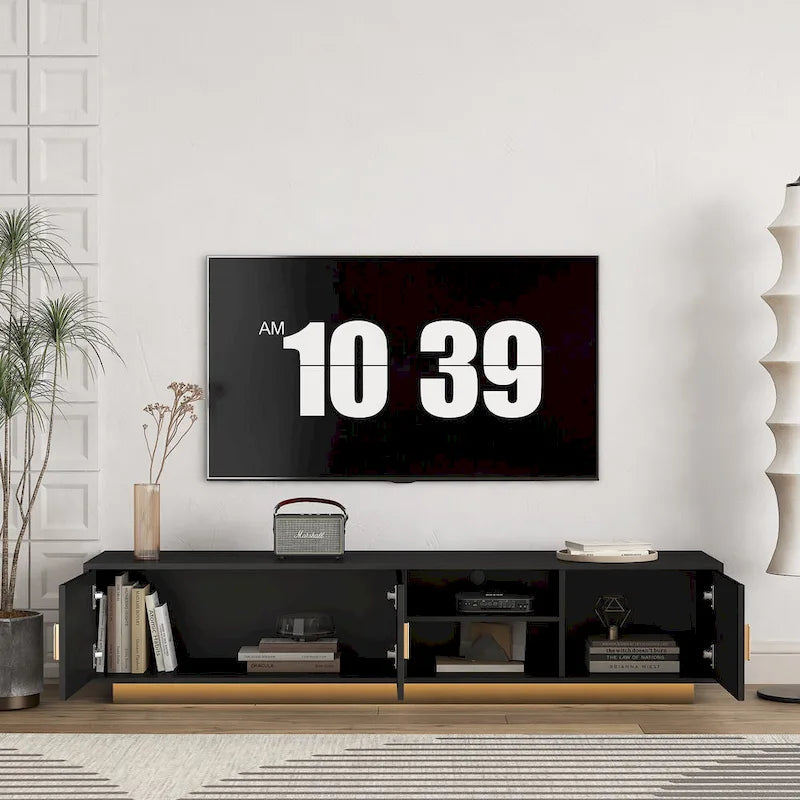 Black 65 Mid-Century TV Stand with LED Lights & Storage for TVs Up to 60