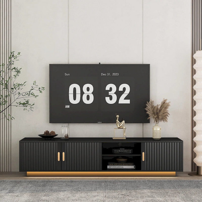 Black 65 Mid-Century TV Stand with LED Lights & Storage for TVs Up to 60