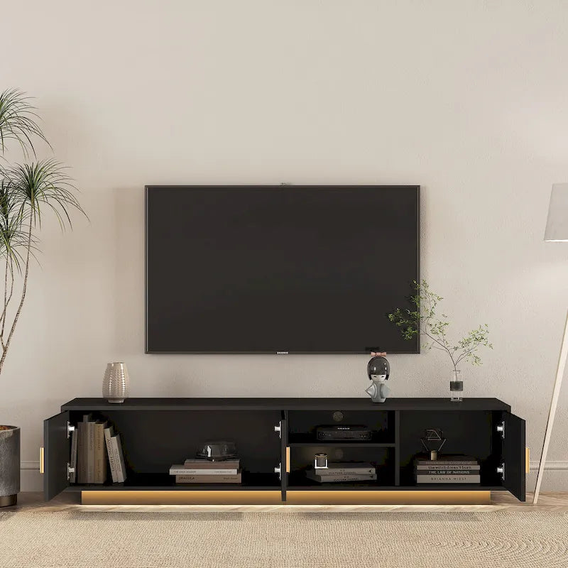 Black 65 Mid-Century TV Stand with LED Lights & Storage for TVs Up to 60