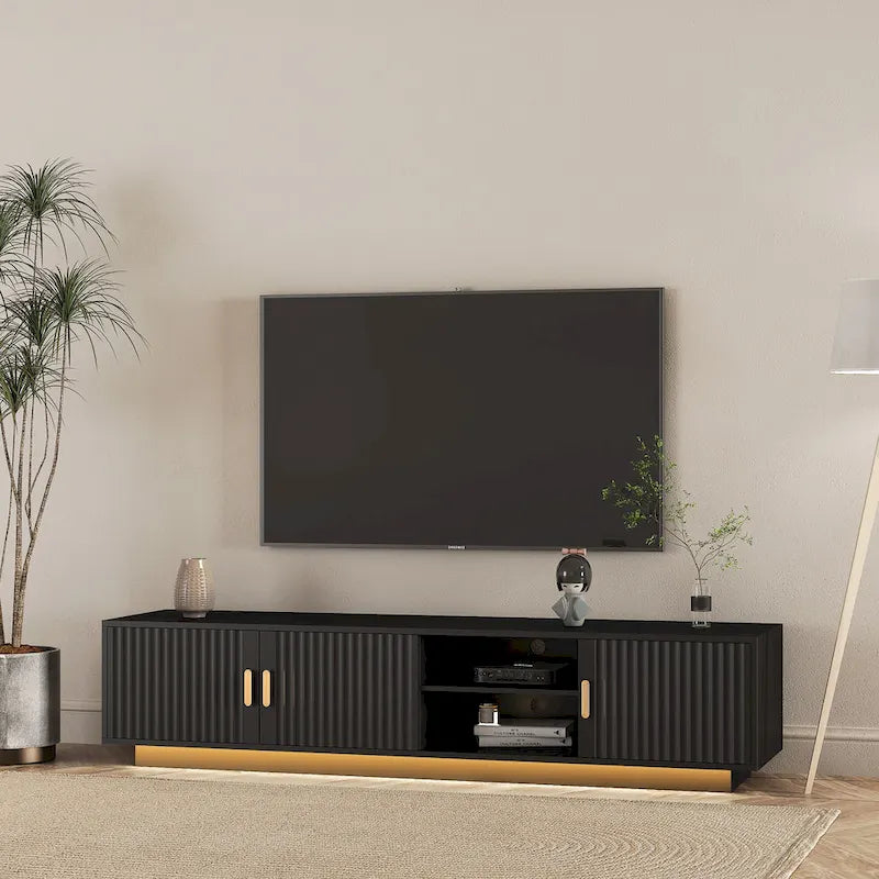 Black 65 Mid-Century TV Stand with LED Lights & Storage for TVs Up to 60