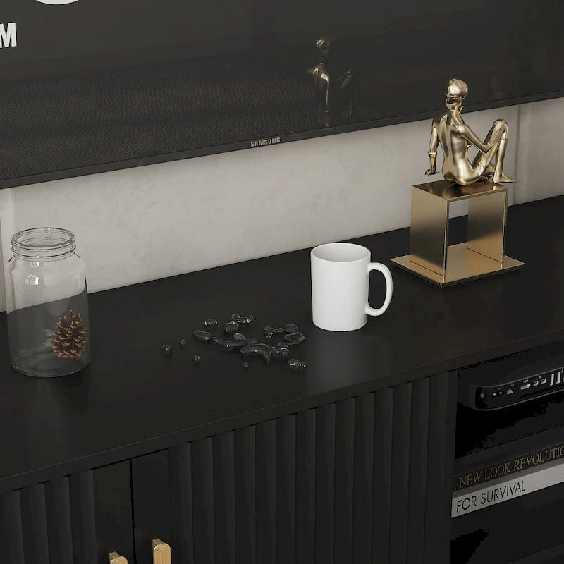 Black 65 Mid-Century TV Stand with LED Lights & Storage for TVs Up to 60