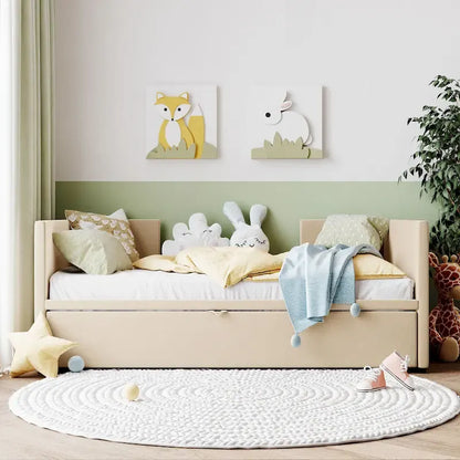 Beige Upholstered Twin Daybed with Pop-Up Trundle