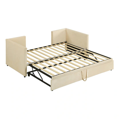 Beige Upholstered Twin Daybed with Pop-Up Trundle
