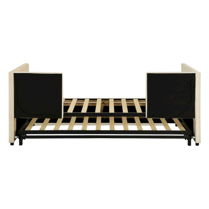 Beige Upholstered Twin Daybed with Pop-Up Trundle