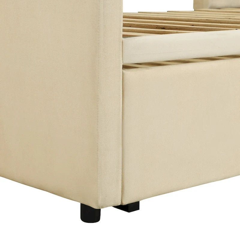 Beige Upholstered Twin Daybed with Pop-Up Trundle