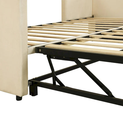 Beige Upholstered Twin Daybed with Pop-Up Trundle