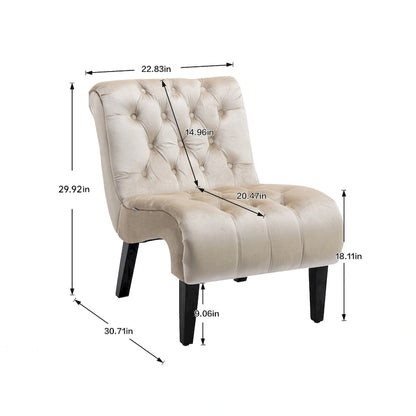 Beige 22.83 Buttons Tufted Accent Chair with Wooden Legs