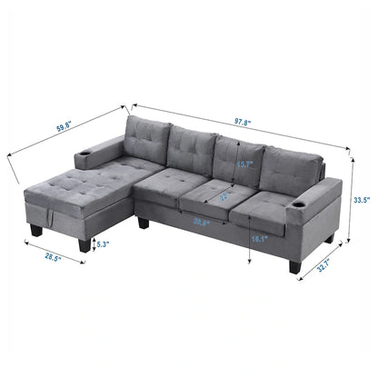 Grey 97.8 Modern 4-Seat Sofa Set with Storage Chaise
