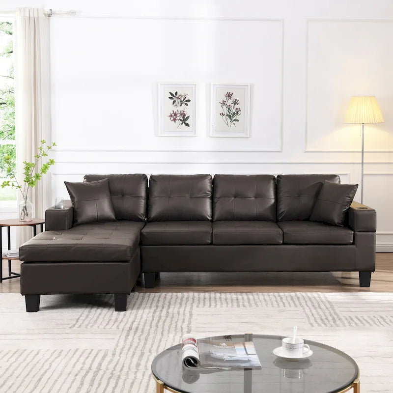 Brown 96.06 Modern L-Shaped 4 Seater Sectional Sofa with Chaise Lounge, Cup Holders, and Throw Pillows