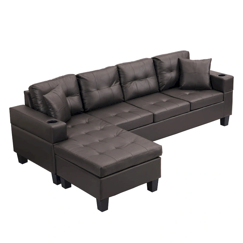Brown 96.06 Modern L-Shaped 4 Seater Sectional Sofa with Chaise Lounge, Cup Holders, and Throw Pillows