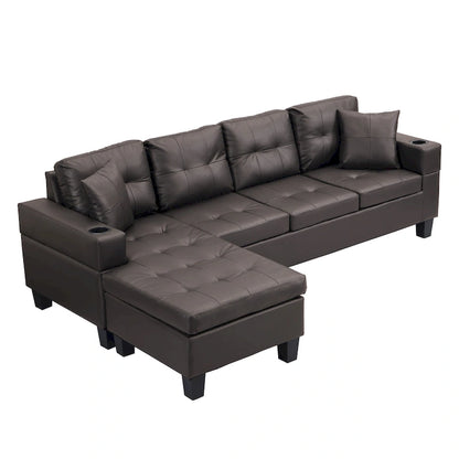 Brown 96.06 Modern L-Shaped 4 Seater Sectional Sofa with Chaise Lounge, Cup Holders, and Throw Pillows