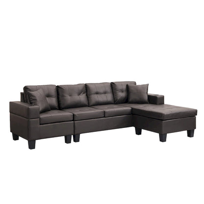 Brown 96.06 Modern L-Shaped 4 Seater Sectional Sofa with Chaise Lounge, Cup Holders, and Throw Pillows