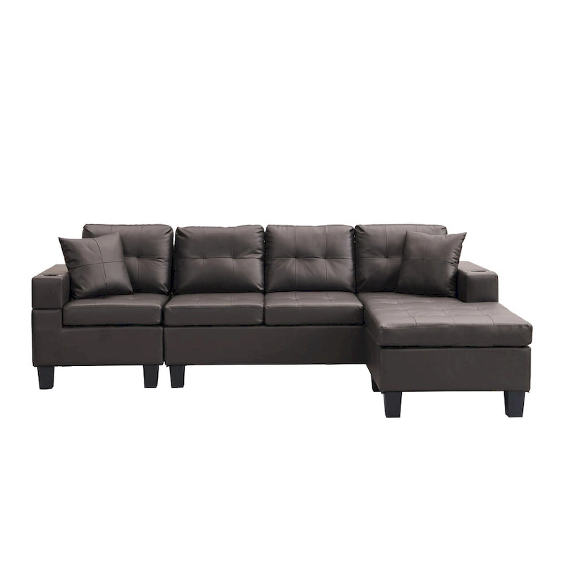 Brown 96.06 Modern L-Shaped 4 Seater Sectional Sofa with Chaise Lounge, Cup Holders, and Throw Pillows