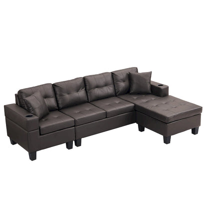 Brown 96.06 Modern L-Shaped 4 Seater Sectional Sofa with Chaise Lounge, Cup Holders, and Throw Pillows