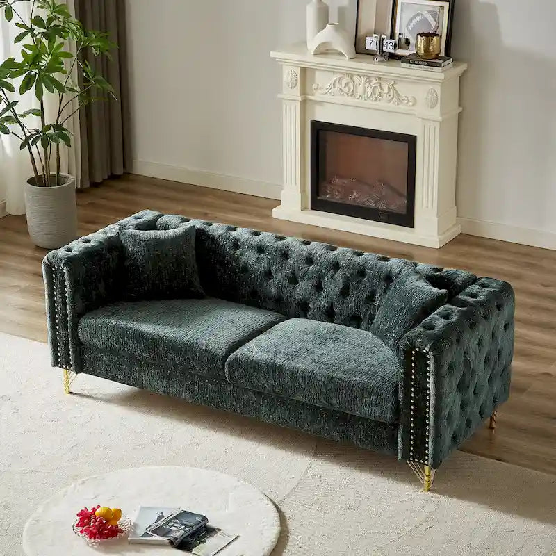 Chenille Tufted Upholstered 3-seater Sofa with Metal Legs