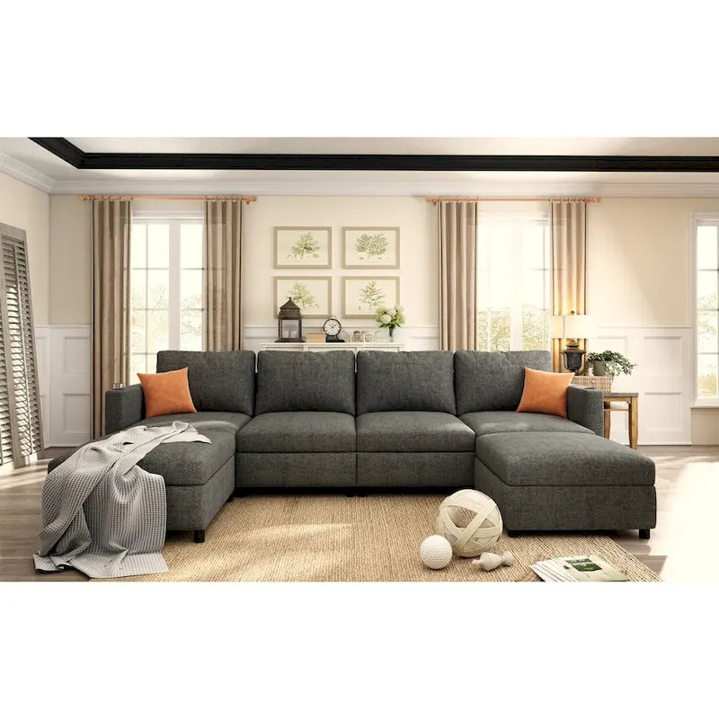 Grey 123 U-Shaped Modular 4-Seat Sectional Sofa with Storage Ottomans