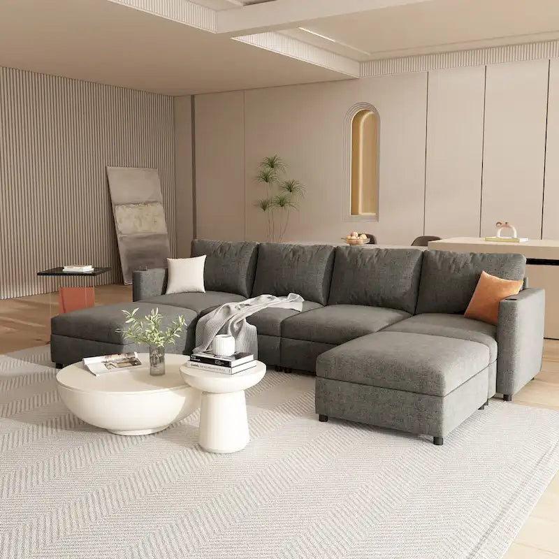 Grey 123 U-Shaped Modular 4-Seat Sectional Sofa with Storage Ottomans