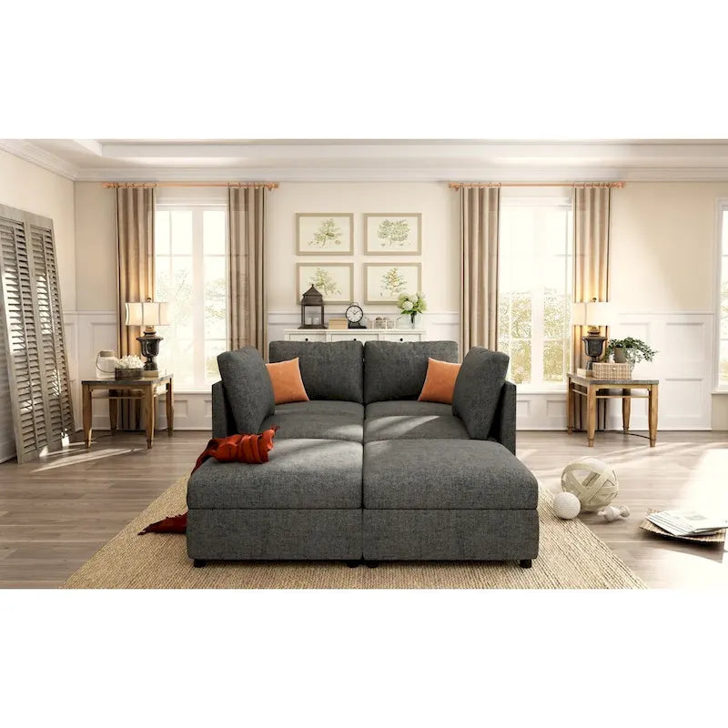 Grey 123 U-Shaped Modular 4-Seat Sectional Sofa with Storage Ottomans