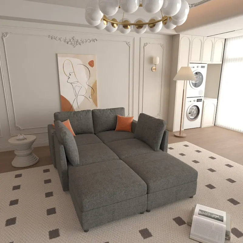 Grey 123 U-Shaped Modular 4-Seat Sectional Sofa with Storage Ottomans