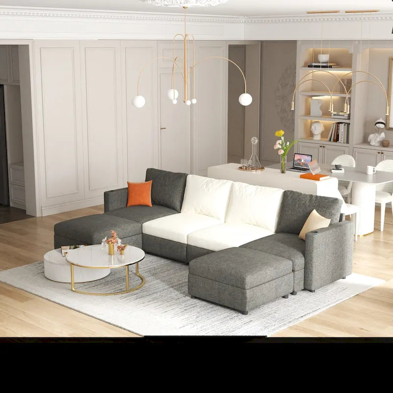 Grey 123 U-Shaped Modular 4-Seat Sectional Sofa with Storage Ottomans